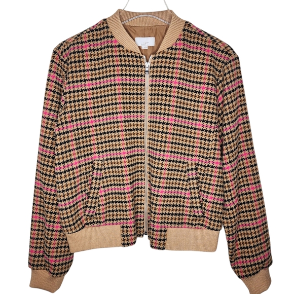 LOFT Houndstooth Vintage Style Plaid Bomber Jacket - Picture 1 of 12
